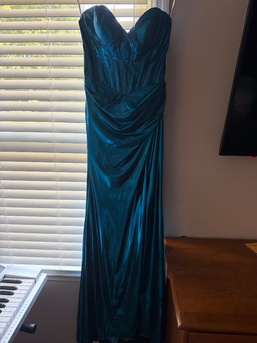 Sherri Hill 56431 Satin Teal Blue Prom Dress